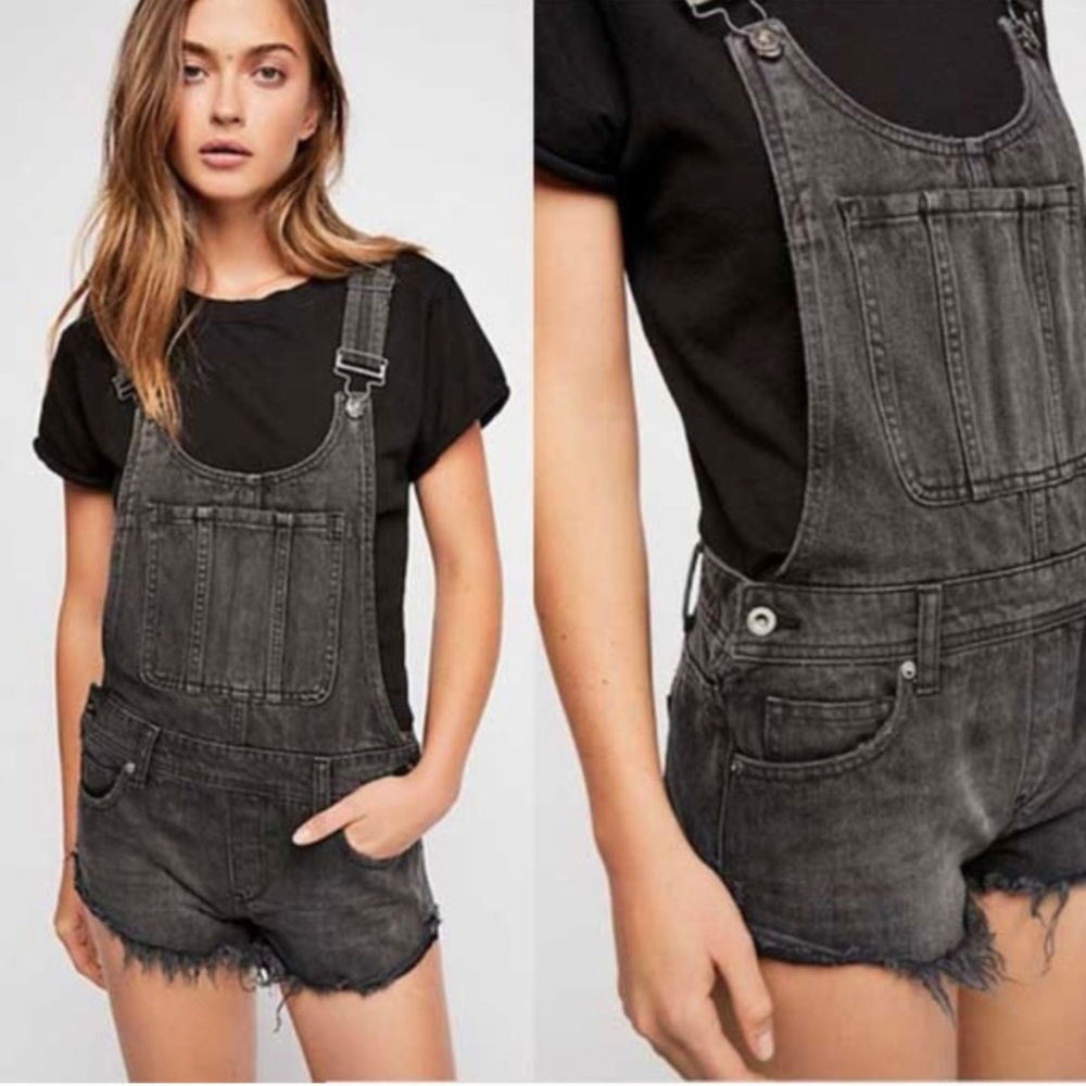 Free People Cutoff Short Overalls Frayed Hem Black